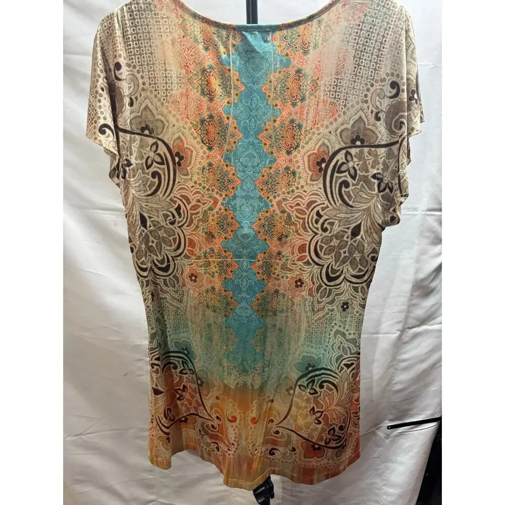 One World Live and Let Live Womens XL Top Cap Sleeve Embellished Rhinestone Boho - Picture 1 of 11